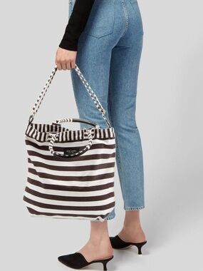 Henri Bendel Striped Canvas Tote Bag with Rope Handles - Brown & White